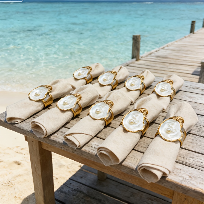 TEMU Set Of 9 Oyster Shell Pearl Napkin Rings For Summer Beach Weddings, Perfect As Unique Decorations Or Gifts For Valentine's Day, Ideal For