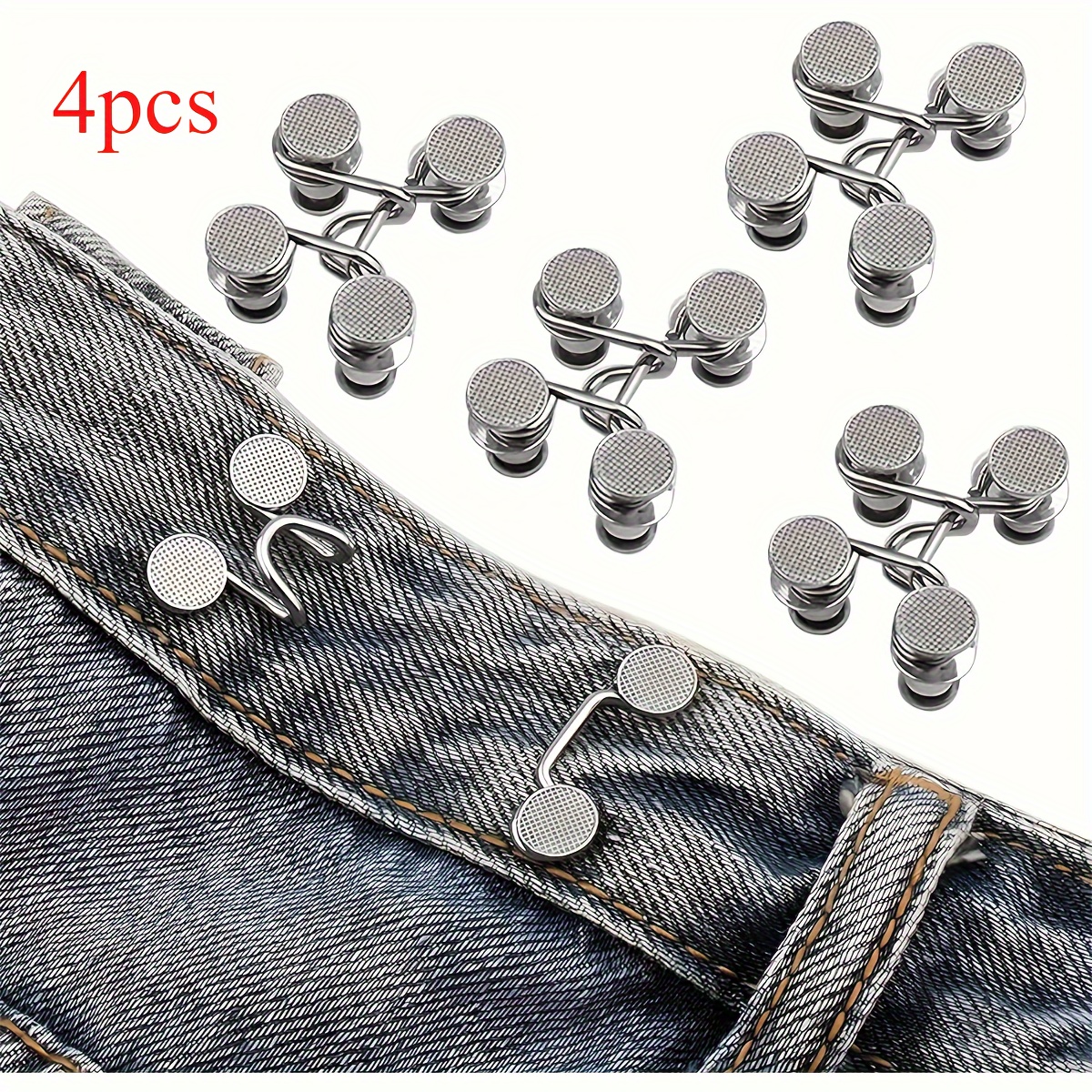 TEMU 4-pack No-sew Jeans Waistband Tightener - Metal Denim Button Pins, Adjustable Waist Reducer For Women's Pants, Durable Snap-on Design, Versatile Fit - Silver