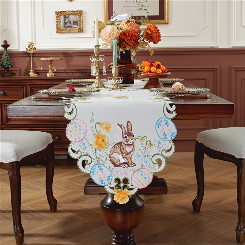 

1pc Elegant Easter Bunny & Egg Embroidered Table Runner - 100% Polyester, Intricate Handcrafted Design With Floral Accents, Ideal For Spring Celebrations & Home Decor, Bunny Accessories