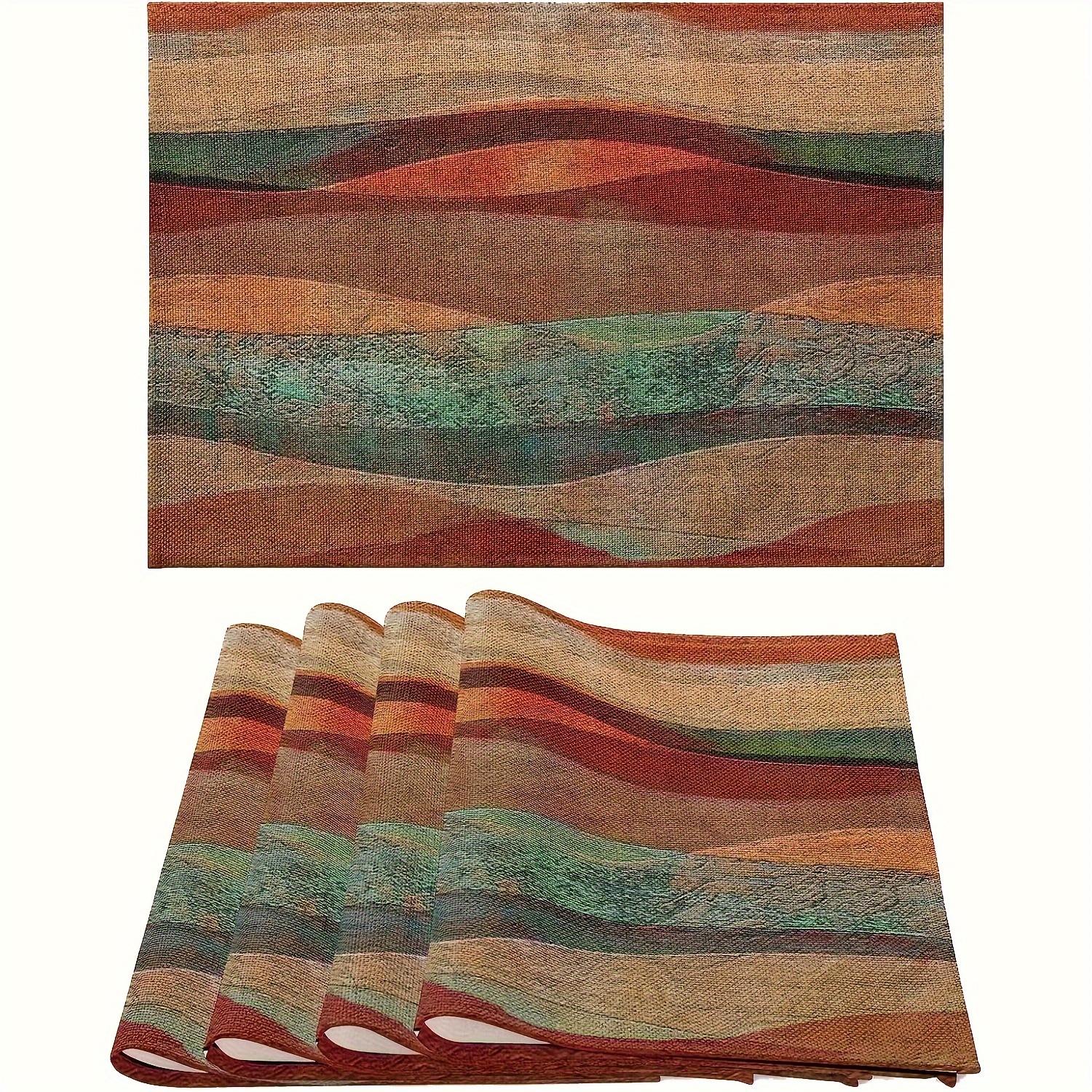 

Set Of 4 Southwestern Placemats - Heat Resistant, Washable Polyester With Turquoise & Sandstone Designs For Dining Table