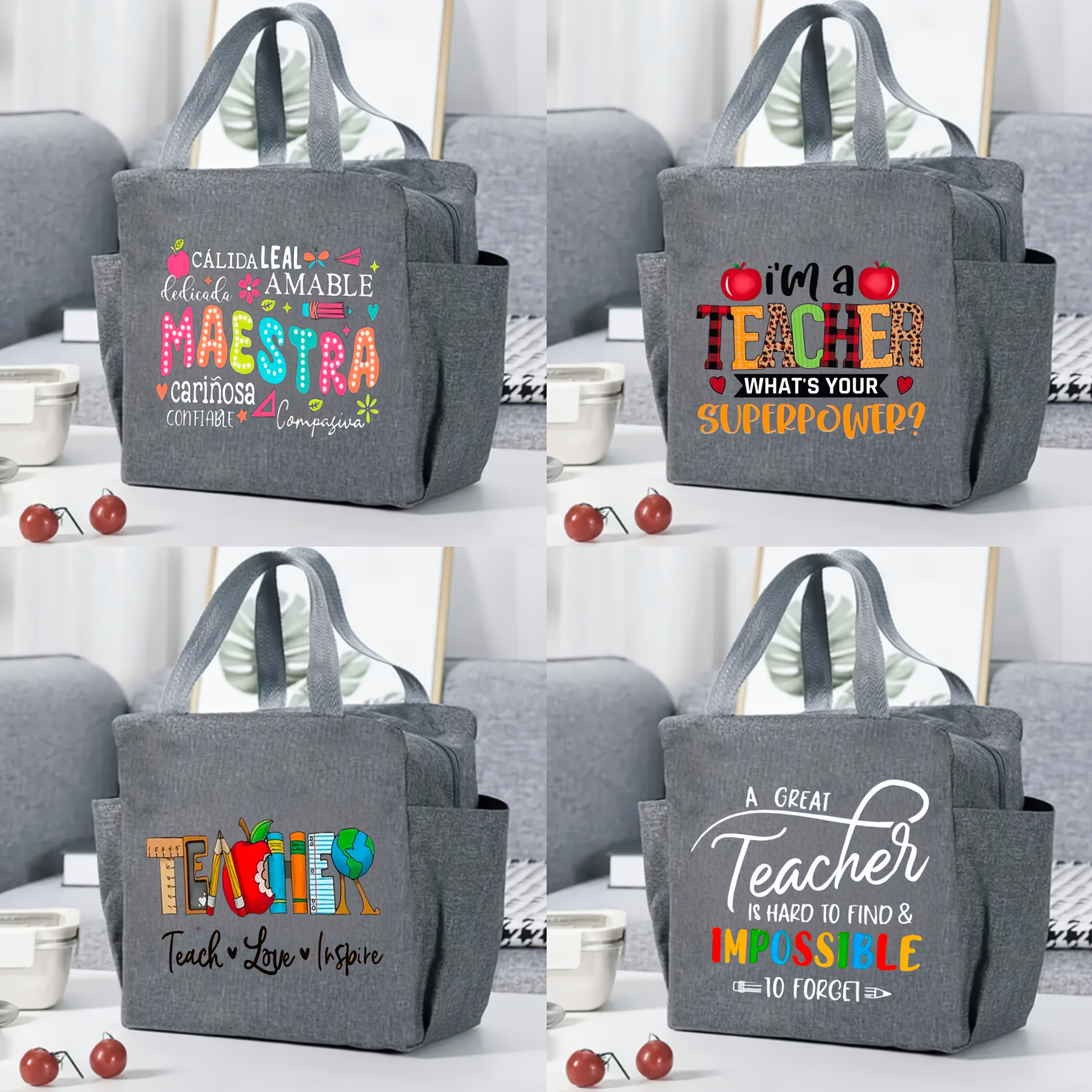 

Chic Teacher-themed Insulated Lunch Bag With Zip Closure - School, Picnics & Camping | Canvas Material