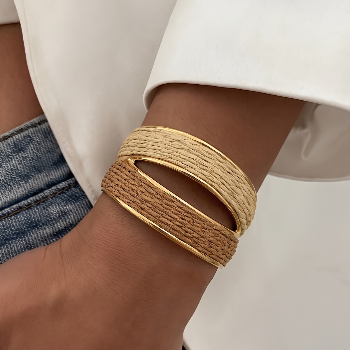 TEMU 1 pièce Bracelet jonc ouvert en raphia tissé à , style été vintage fête vacances, mode bohème style plage, élégant, simple, unique, , jonc large
