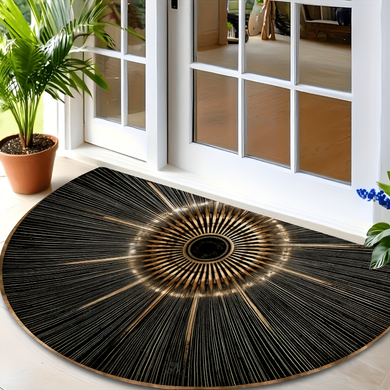 TEMU Paillasson antidérapant semi-circulaire 1 pièce pour entrées, tapis de sol moderne noir à faisceaux rayonnants avec support en PVC, lavable en