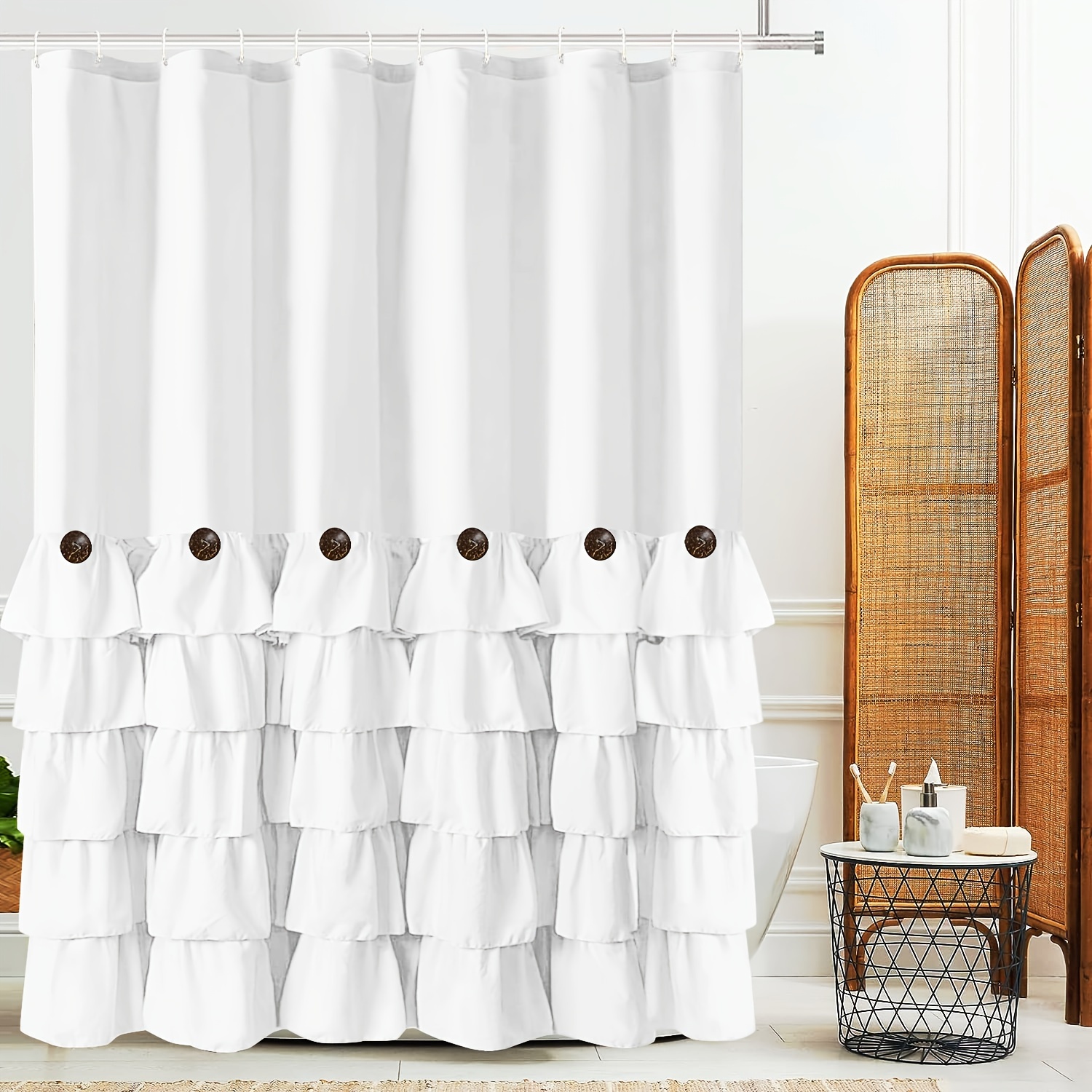 

Chic White Shower Curtain Button Accents - Quick-dry, Machine Washable Polyester Bath Curtain, 72x72 Inches