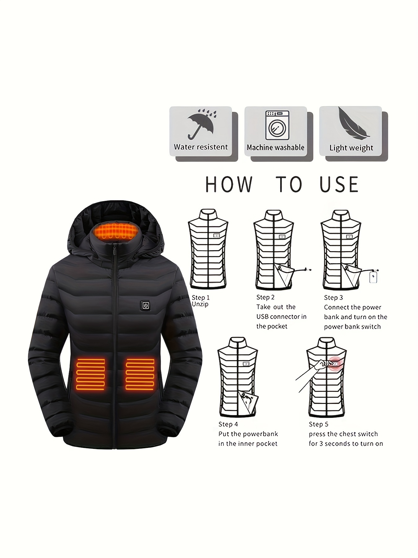 womens waterproof heated jacket long sleeved heating clothing hooded womens sports jacket clothing details 2