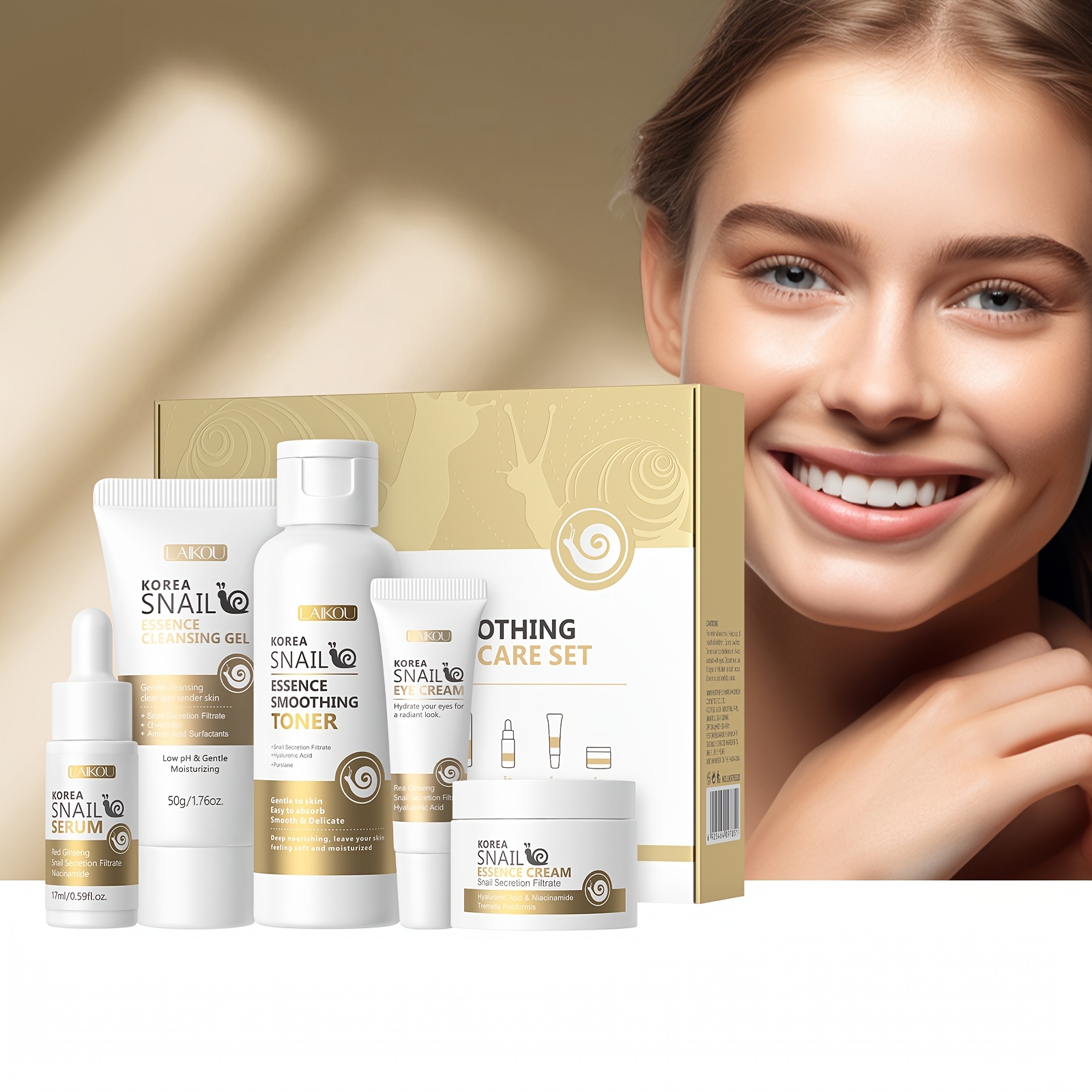 Laikou Snail Smoothing Toner 3.52fl.oz, Radiance Serum 0.59fl.oz, Tightening Eye Cream 0.53oz, Softening Face Cream 0.88oz, Low Cleansing Gel 1.76oz