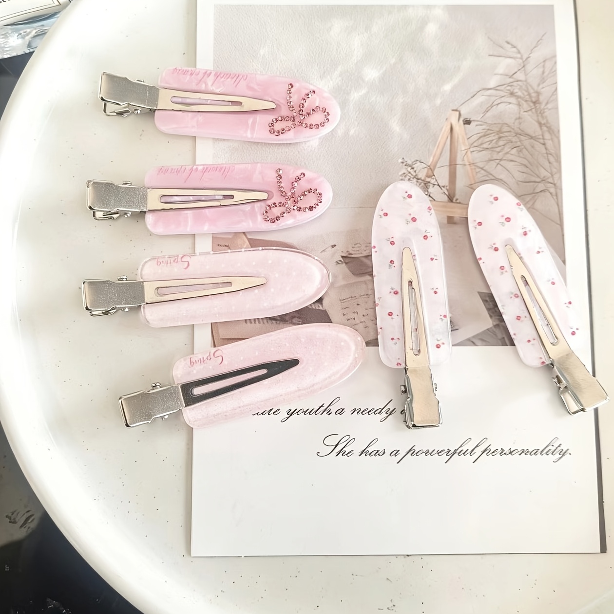 Image of 6pcs Set Fashionable Bow Small Floral Rhinestone Hair Clips For, Pink And Blue, Hairpins