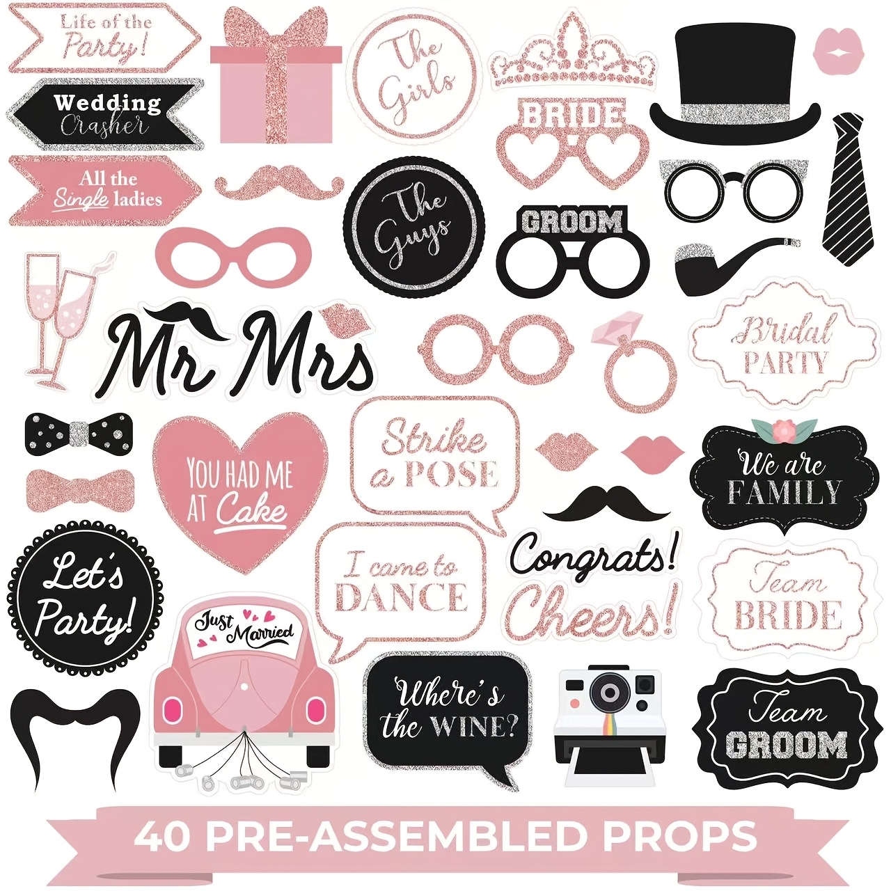 Image of Props For A Pink-themed Photo Booth, Including Items For Weddings, Bachelorette Parties With Rose Golden Accents, And Props Suitable For Birthday Celebrations And Graduation Events