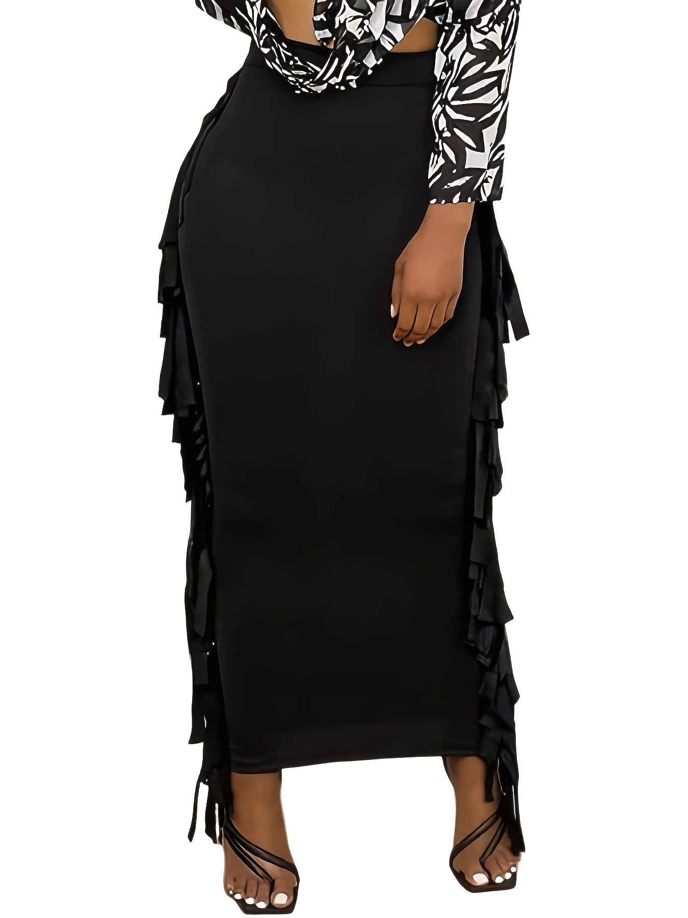 plus size flared hem bodycon skirt fringe details stretchy Temu