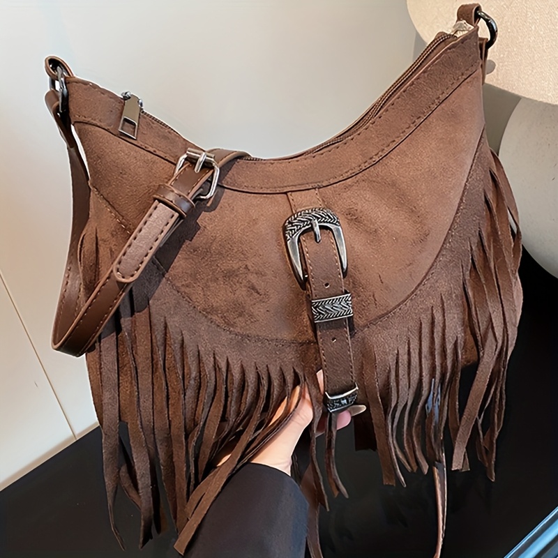 Image of New Suede-like Women's Vintage-style Fashion Solid Color Visual Single-shoulder Bag, Tassel-decorated Versatile Lightweight Elegant Textured Crossbody Bag, Detachable Bag, Dumpling Bag, For Shopping