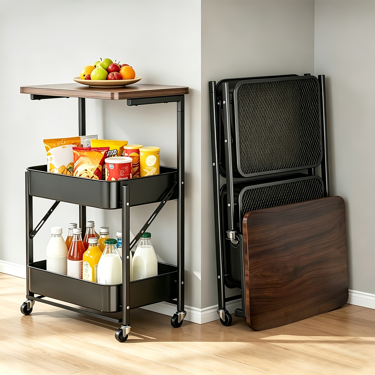 TEMU Chariot utilitaire pliable à 3 niveaux, chariot de service mobile, étagère de rangement de cuisine roulante, convient pour , , ou (noir/blanc),