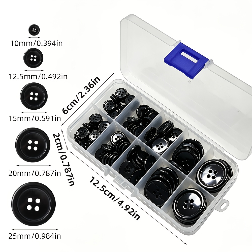 TEMU 100pcs Storage Box With Compartments, 4 Large-hole Round Craft Buttons For Sewing, Diy, And Decoration, Mixed Sizes Of 5 Sewing Buttons