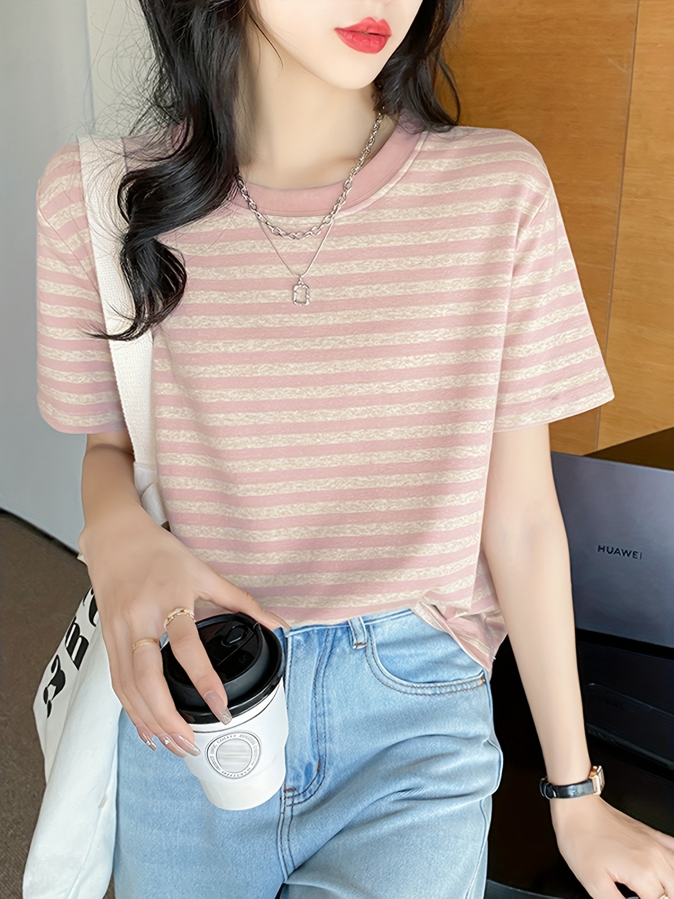 Maglietta Estiva Donna A Maniche Corte Raglan A Righe Rosa - T-Shirt Leggera E Morbida Taglia XL - 2