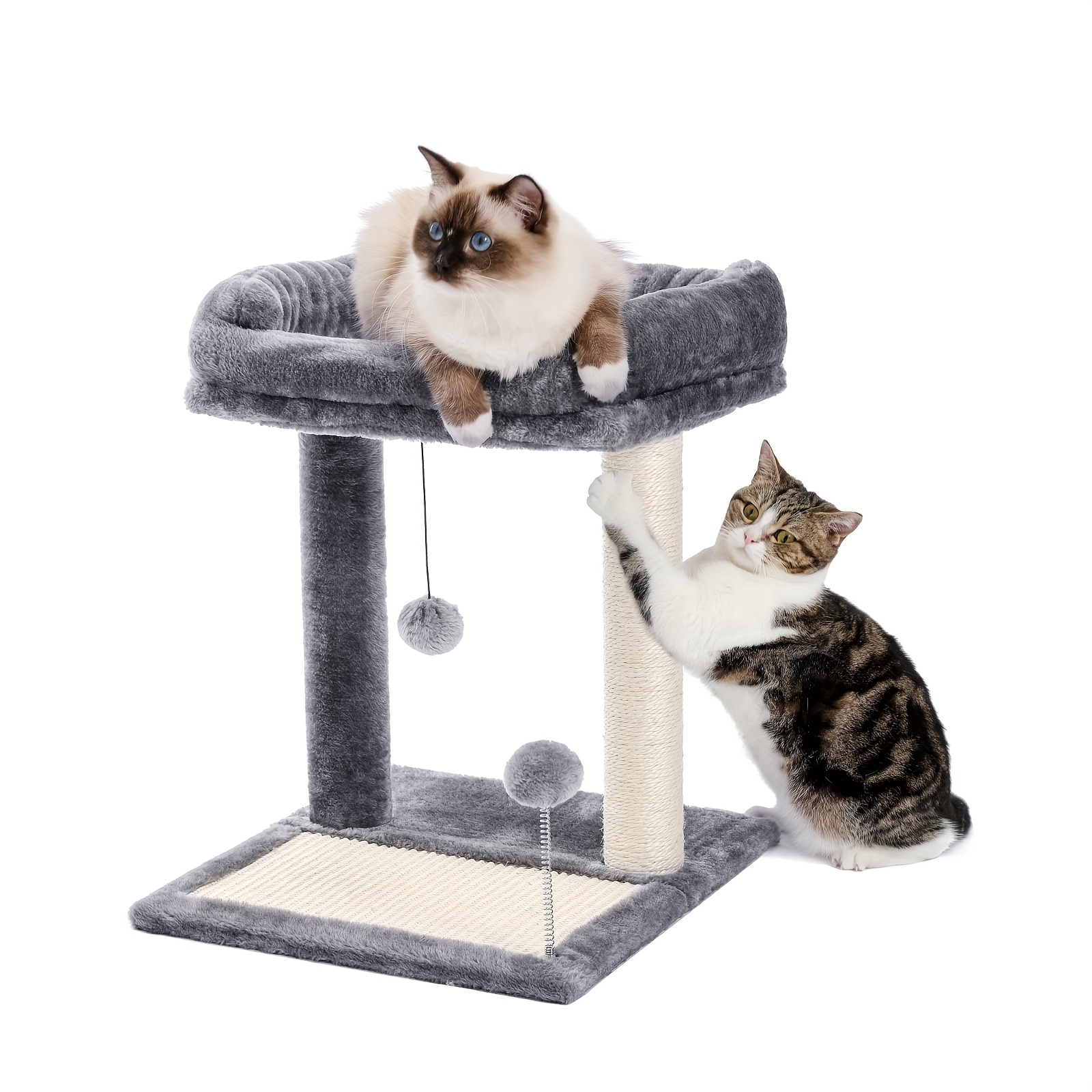 49cm Multi-functional Cat Tree With Scratching Post, Curved Bed, Removable Cushion & Hanging Toys, Compact For Kittens & Multi-cat Homes, Grey