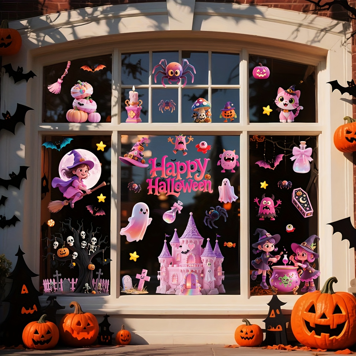 Image of 5pcs Halloween Popular Horror Atmosphere Static Cling Window Decals - Pink Cartoon Castle, Trees, , Pumpkins, Bats, Skeletons, Cats, Webs For Window, Glass, And Storefront Decoration / Reusable