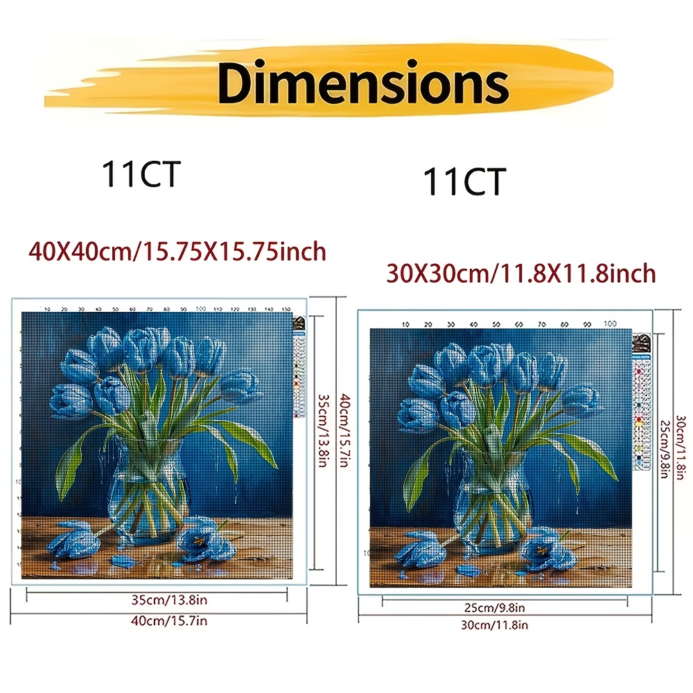 DIY Cross-Stitch Printed Kit, Unframed, Blue Tulips in a Vase Design