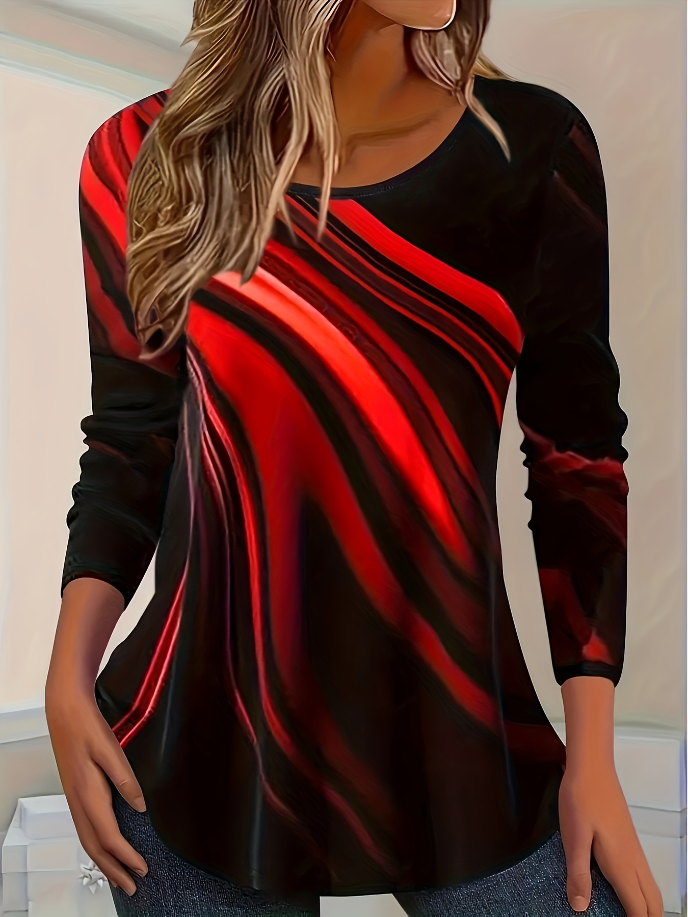 Artikelbild damen herbst winter neues lässiges geometrisches streifenmuster samtartiger stoff rundhals langarm t-shirt basis layer top, damenbekleidung