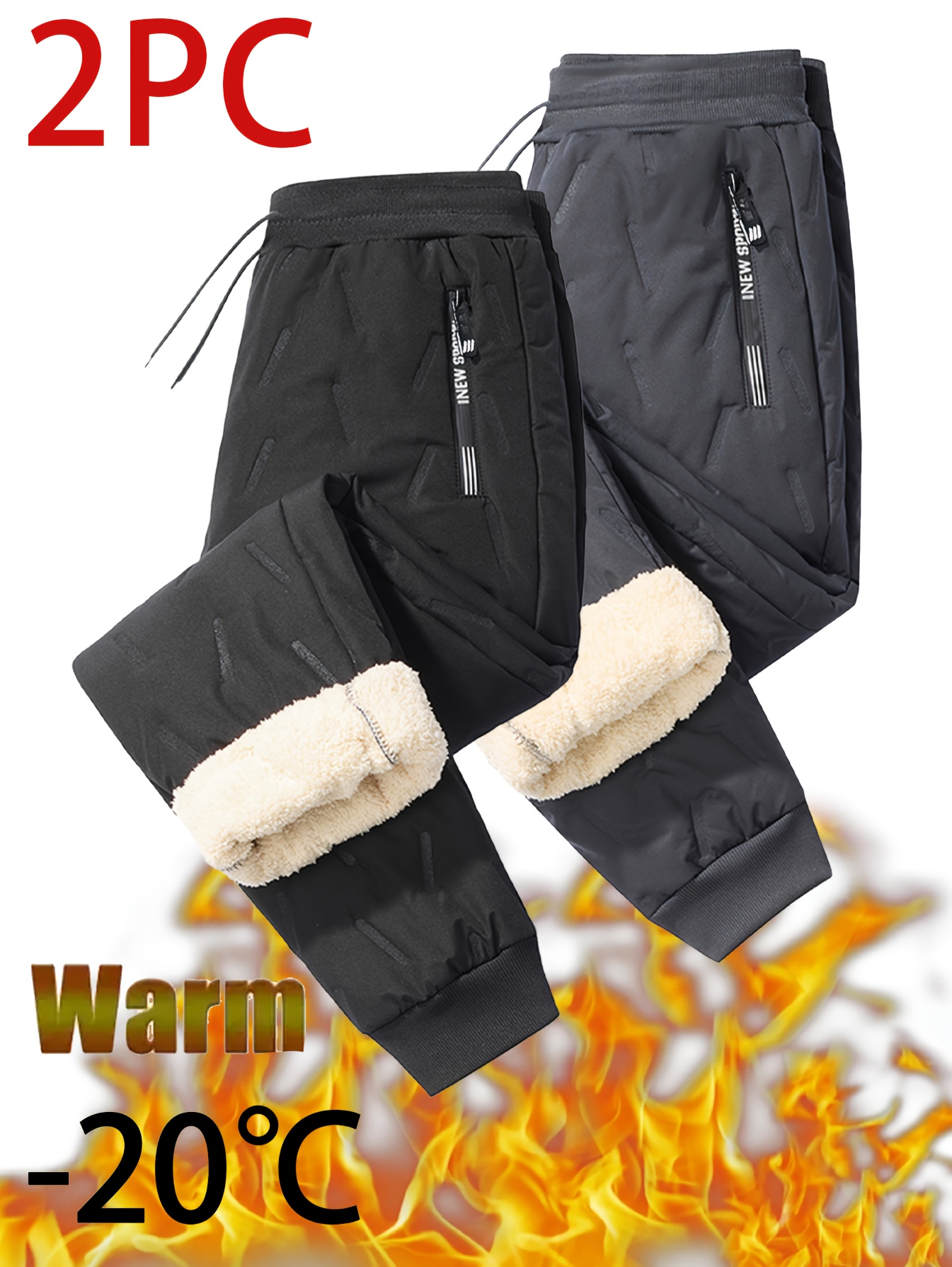 2pcs mens heavyweight winter jogger pants thermal insulated tapered fit with elastic drawstring waist zipper pockets windproof snow pants for skiing cycling outdoor activities black navy blue jogging pants cold   plush lined   thick black gray 0
