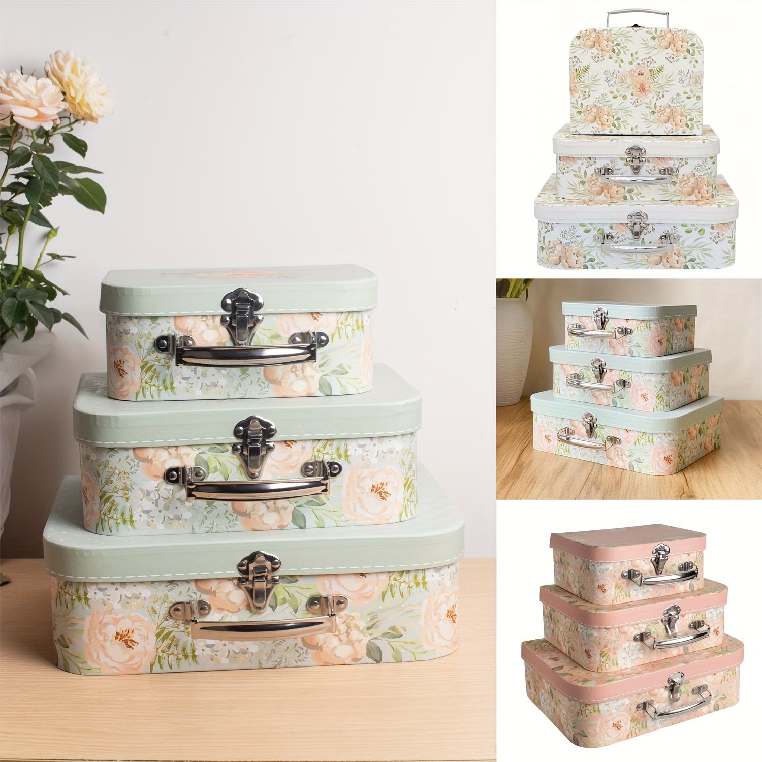 

3-pack Vintage Floral Suitcases, Rectangular Storage Boxes With Latches, Non-waterproof Multipurpose Organizing Gift Boxes For Photos, Home Decor, Wedding, Birthday, Anniversary