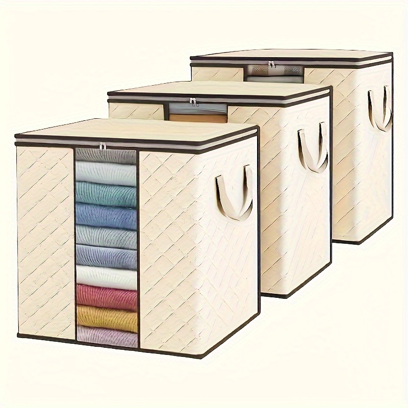 

3pcs Large 26.42 Gallon Storage Bins - Foldable & With Reinforced Handles For Clothes, Blankets, Bedding - Gray & Closet Organizer