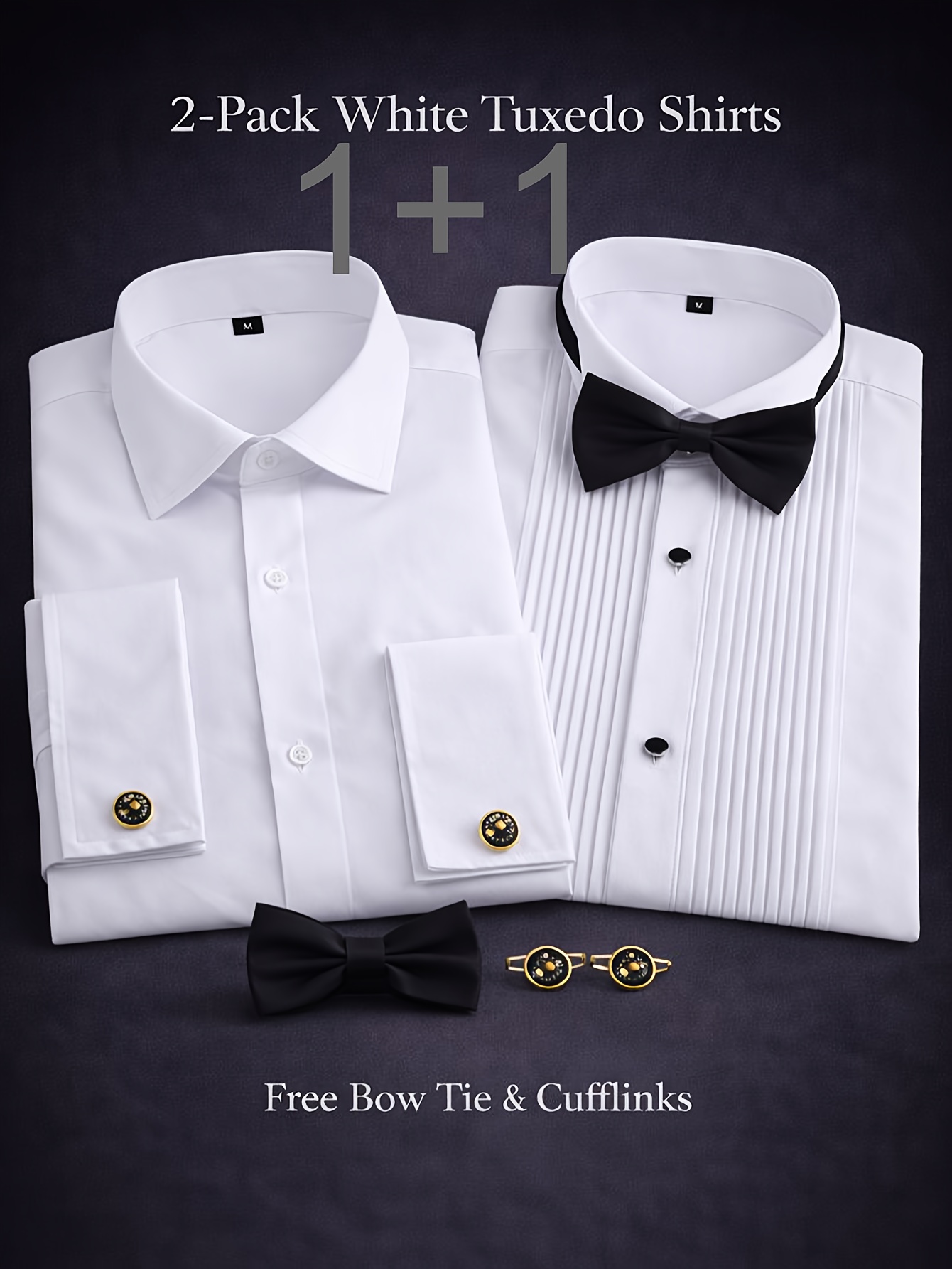 Buy 2 Get 3 * Set! *'S * Two-Piece Set 2026 New Double-Layered Sleeve White  Dress Shirt Pleated Front with Cufflinks And Bow Tie Business Formal  Combination * * in Rotation Formal Wedding Groom Set