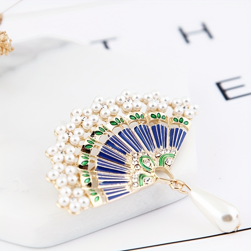 Chinese Style Vintage Bamboo Fan Pendant Brooch with Imitation Pearls