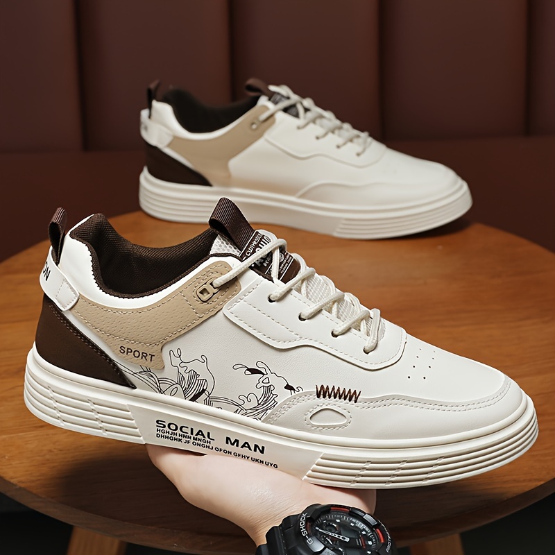 Zapatillas de Skate de Caña Baja para Hombre, Estilo Urbano | Cómodas Zapatillas Casuales Antideslizantes con Cordones, Ideales para Actividades al Aire Libre, Parte Superior, Suela de PVC - 【Beige】, US 6.5
