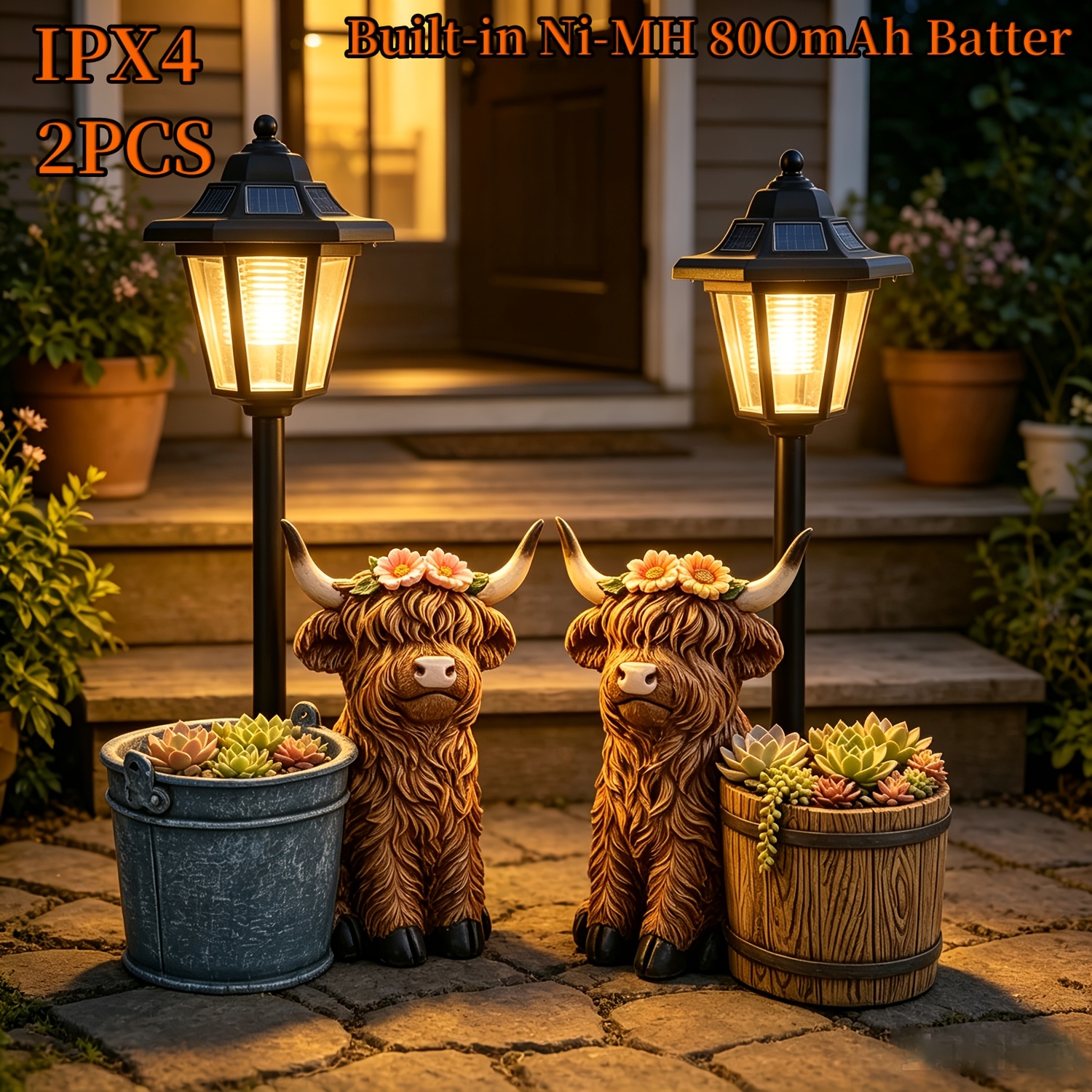 TEMU Otdecor 2pcs Highland Cow Outdoor Garden Statue Light With Planter Pot, Waterproof Solar Lights Outdoor, Garden Decor For Outside, Blue & Yellow