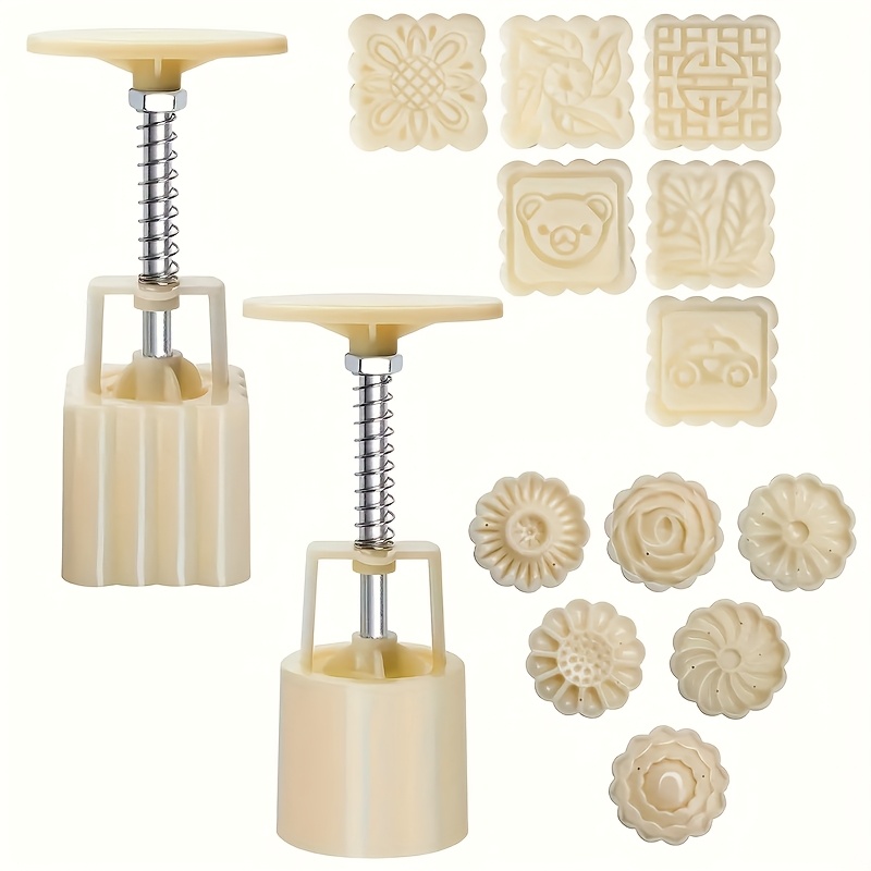 Image of Manual Press Cookie Mold Mooncake Mold: Manual Press Cookie Tool, Pastry Tool, Baking Utensil - Includes 12 Floral Round And Square Cookie Molds, Perfect For Making Festive Pastries