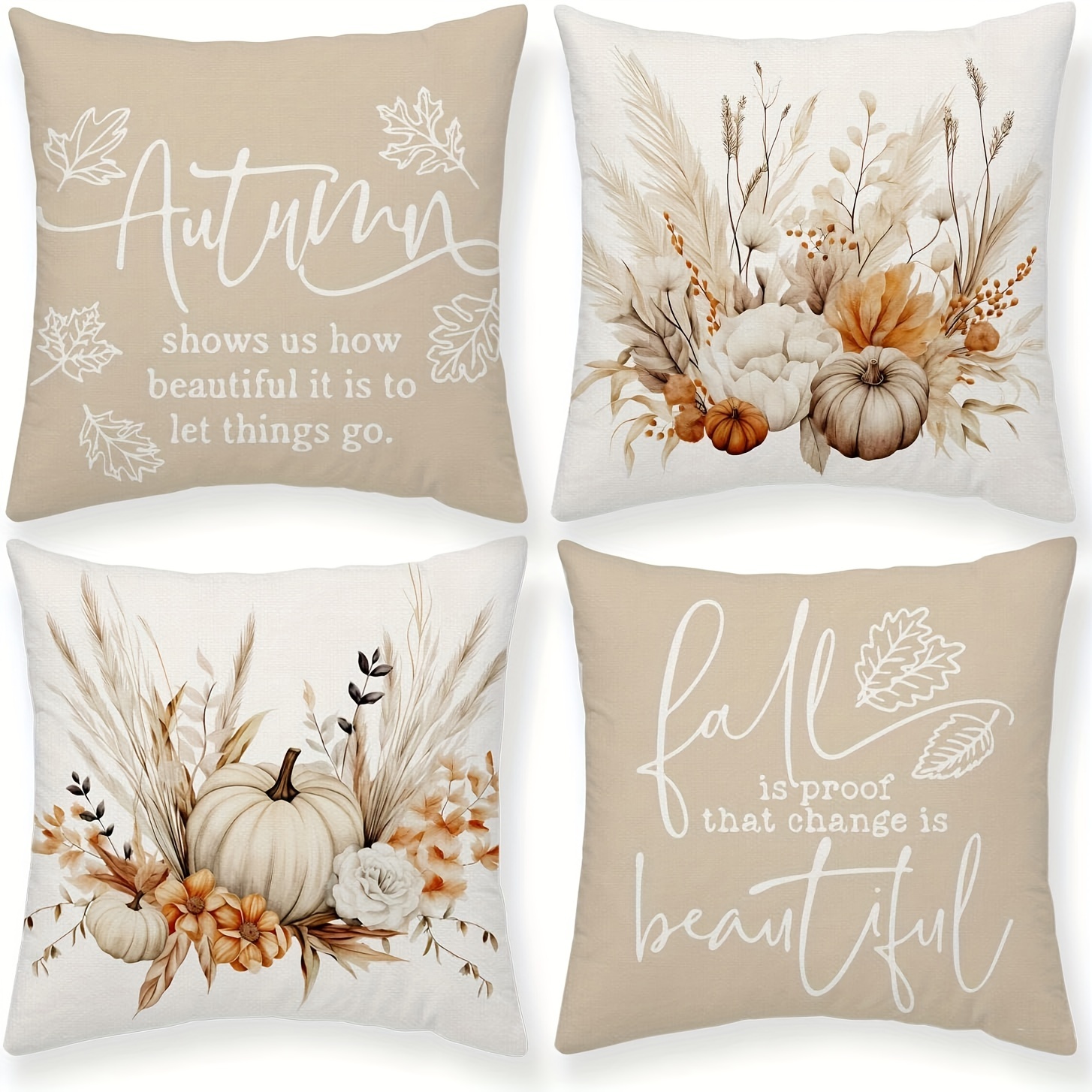 Image of Fall Pillow Covers 18x18 Autumn Watercolor Pumpkin Wheat 18x18 Harvest Cushion Case Thankful Grateful Farmhouse Decorations For Couch Sofa Set Of 4