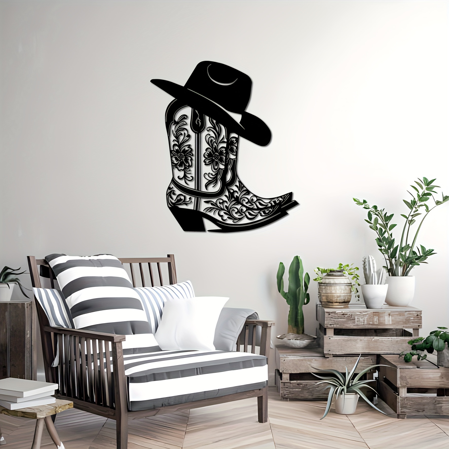 

Cowgirl Boot And Hat Metal Wall Decor, 1 Piece Iron Western Cowboy Art, Home Decor Wall Hanging For Living Room Bedroom, Housewarming Birthday Christmas Gift