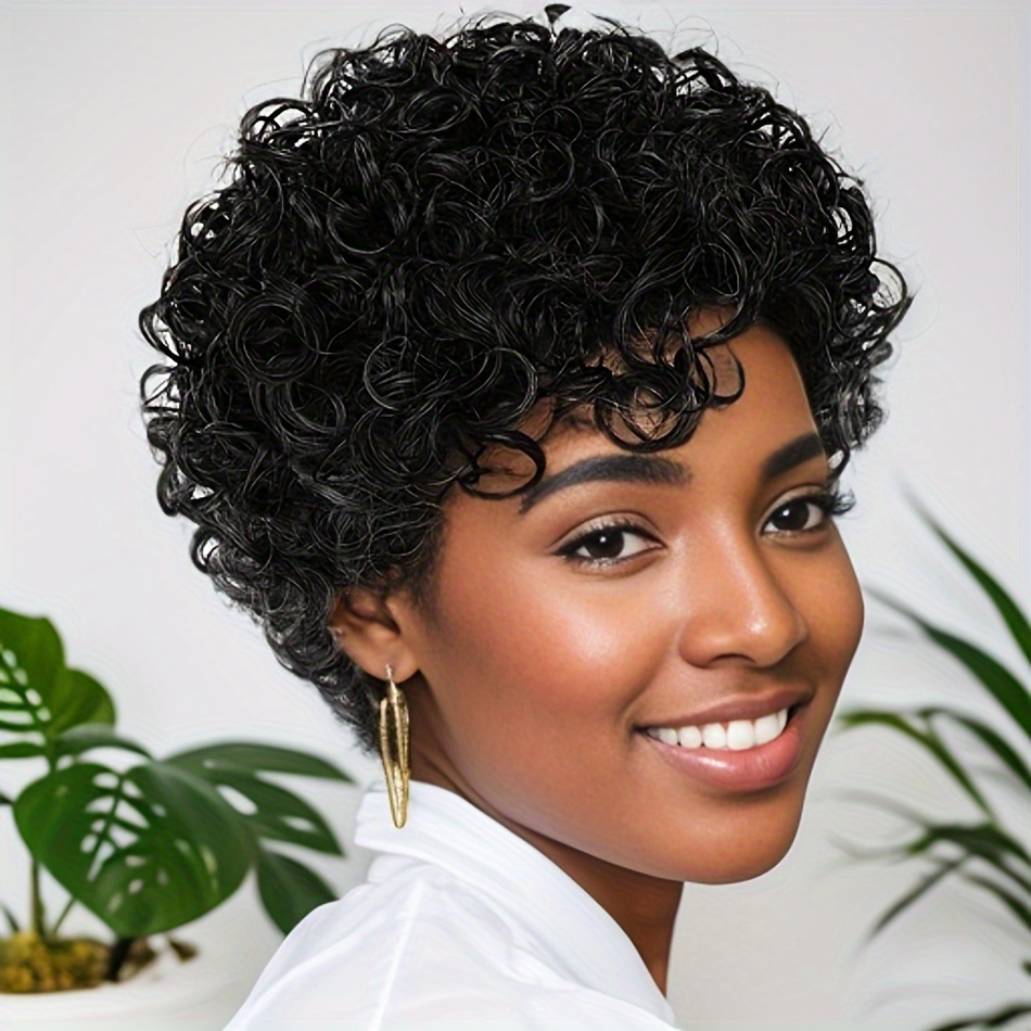 

Short Pixie Cut Loose Curly Human Hair Wigs For Women Brazilian Hair With Bangs Bouncy Waves Pixie Cut Wig Fluffy Curls Wig 180% Density Ready To Go Wig