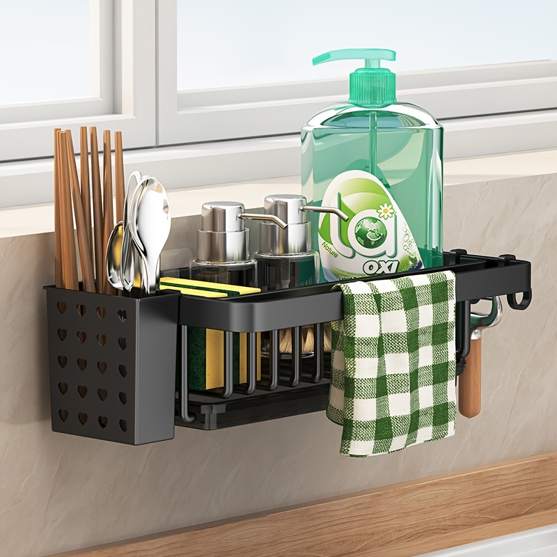 Multifunctional Kitchen Sink Organizer Rack With Drain Basket, Cloth Holder, And Chopstick Tube - Durable Plastic/metal/iron Storage Solution For Efficient Drying And Organization
