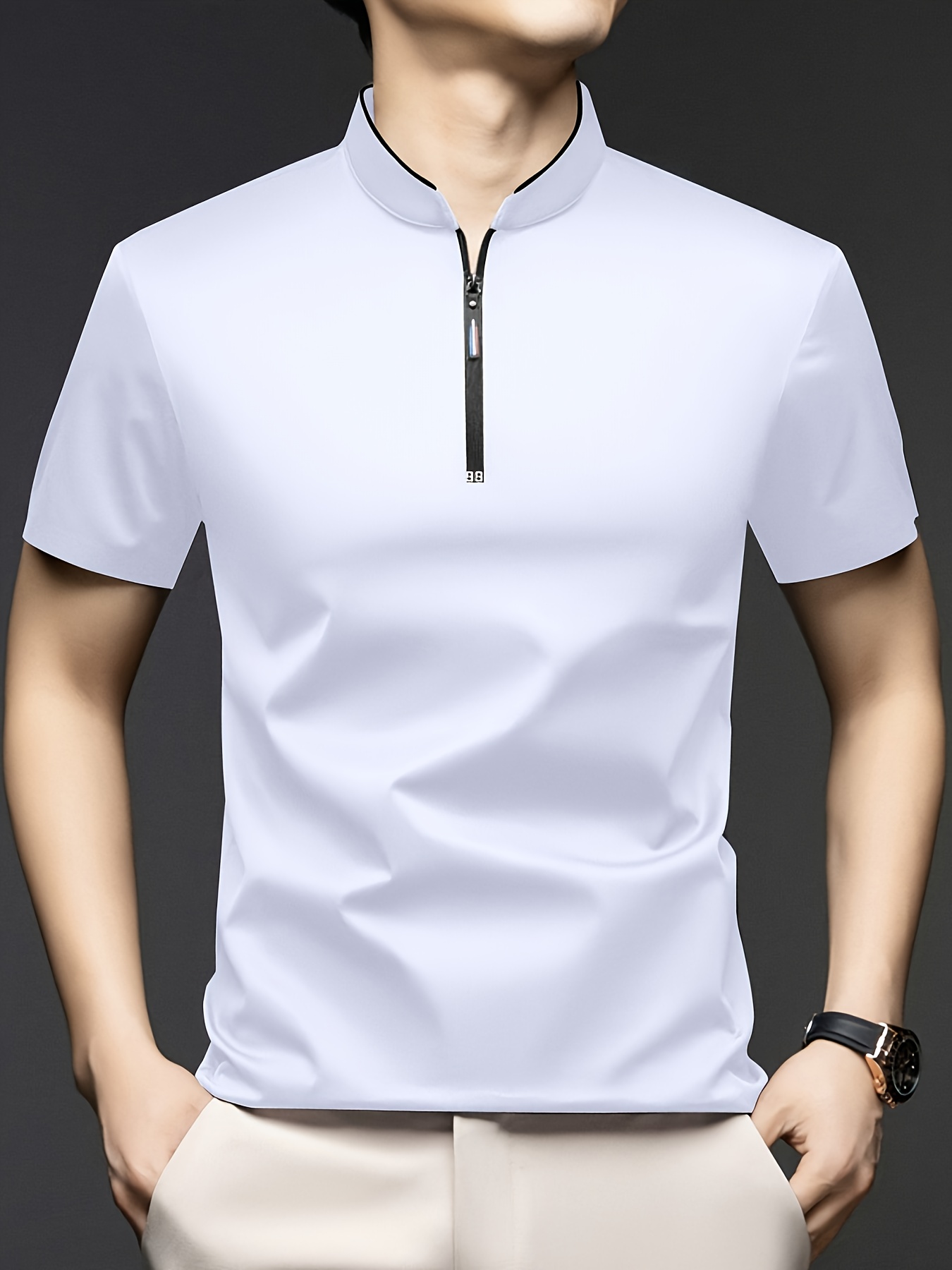 summer short sleeve   shirt mens small stand up collar zip up solid color t shirt suitable for sports outdoor and casual wear