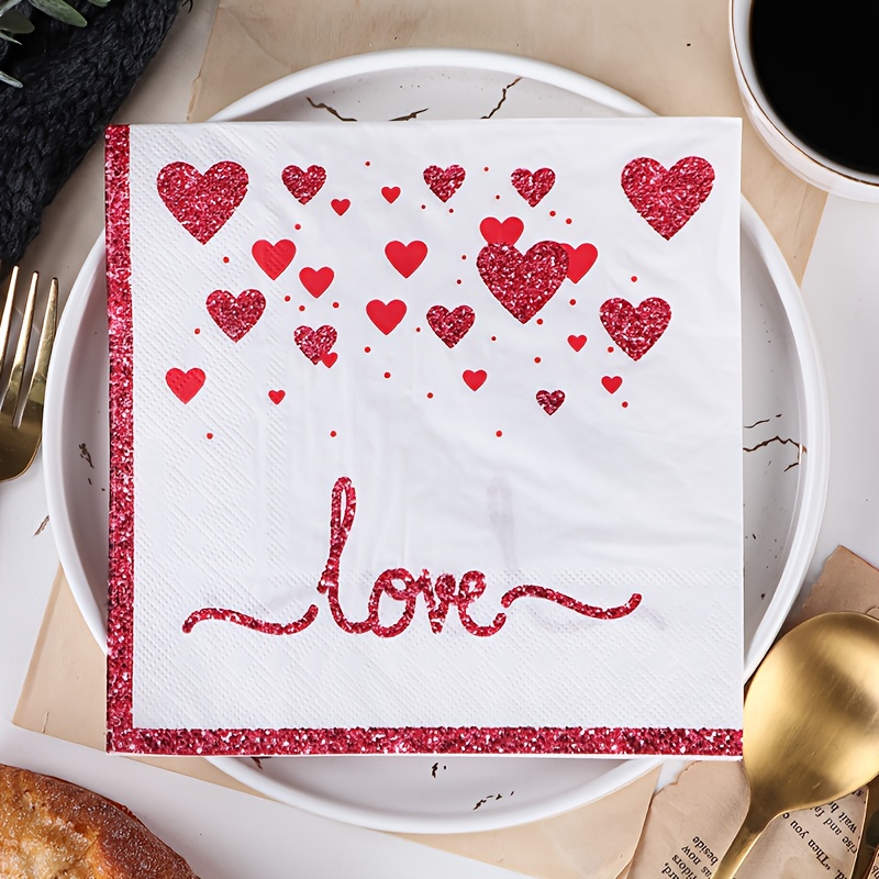 

20pcs Sparkling Red Heart & "love" Print Paper Napkins - Glittery , Romantic Dinners, Western Restaurants & Party Tableware Decor, Romantic Table Setting|heart Motif Design|vibrant Print