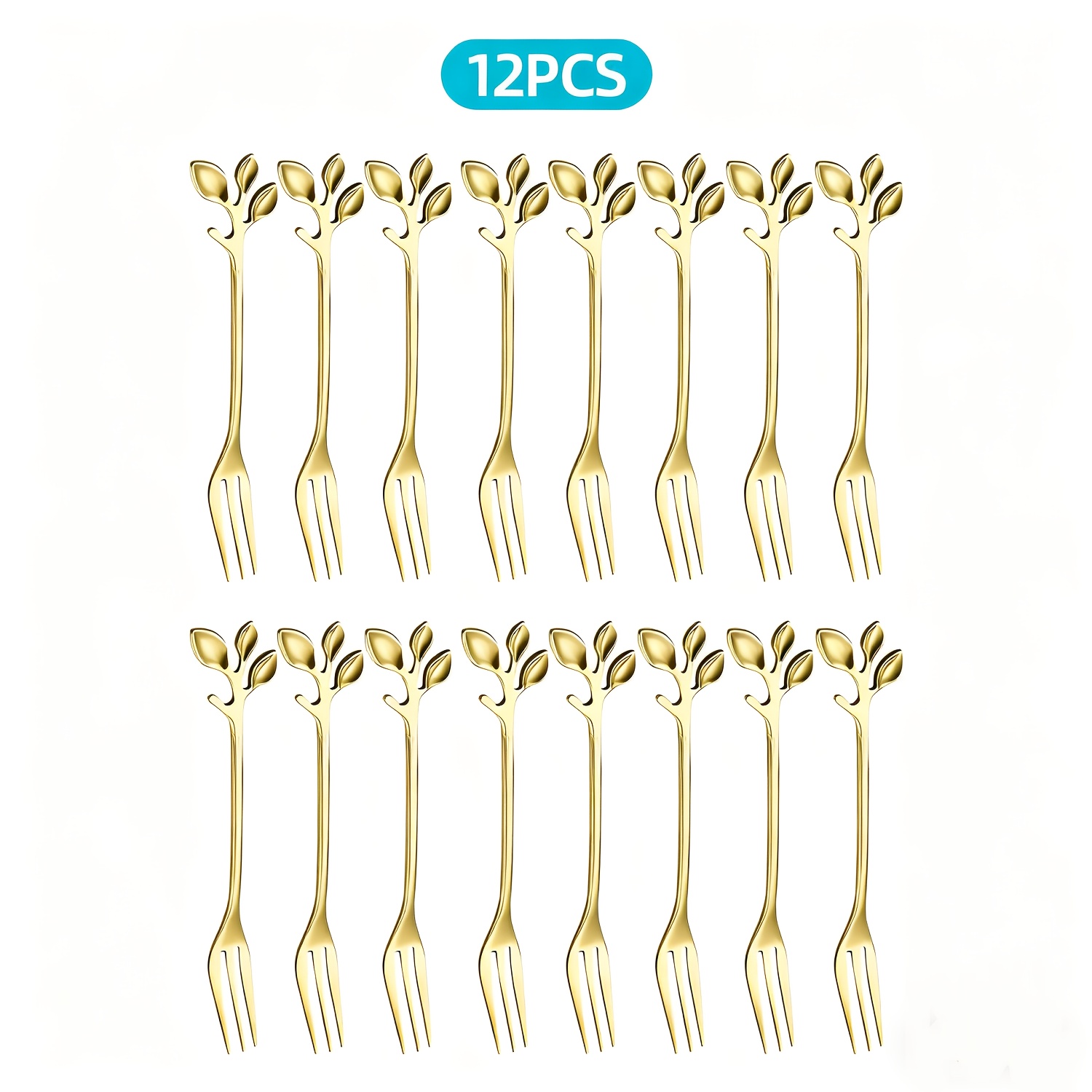 TEMU 12pcs Creative Dessert Forks, Leaf Shape Handle, Durable Stainless Steel - Dessert Forks, Fruit Forks, Suitable For Stirring, Fruit, Snacks,