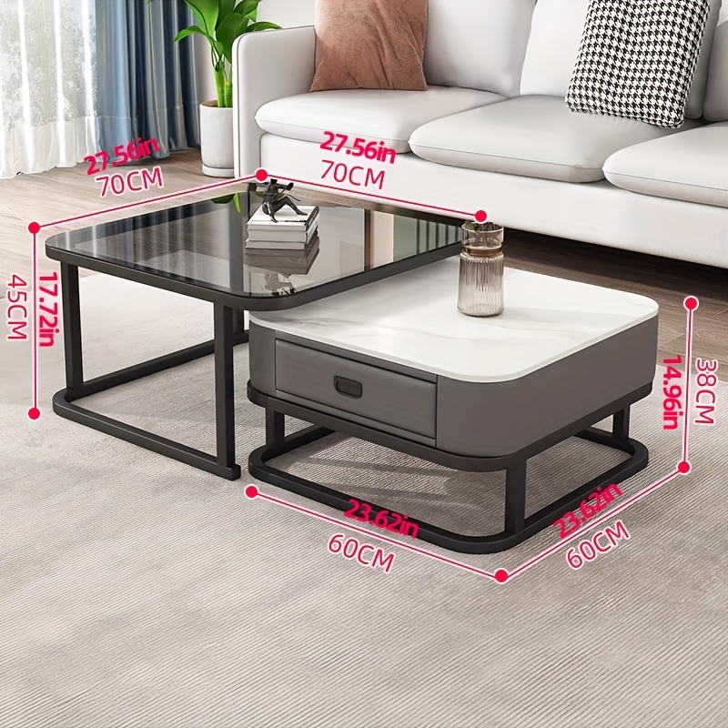 A combination set of a 27.5-inch tempered glass large table and a 23.5-inch slate small table, square coffee table, tea table, suitable for various scenes such as living room, bedroom, courtyard, reception room, etc.