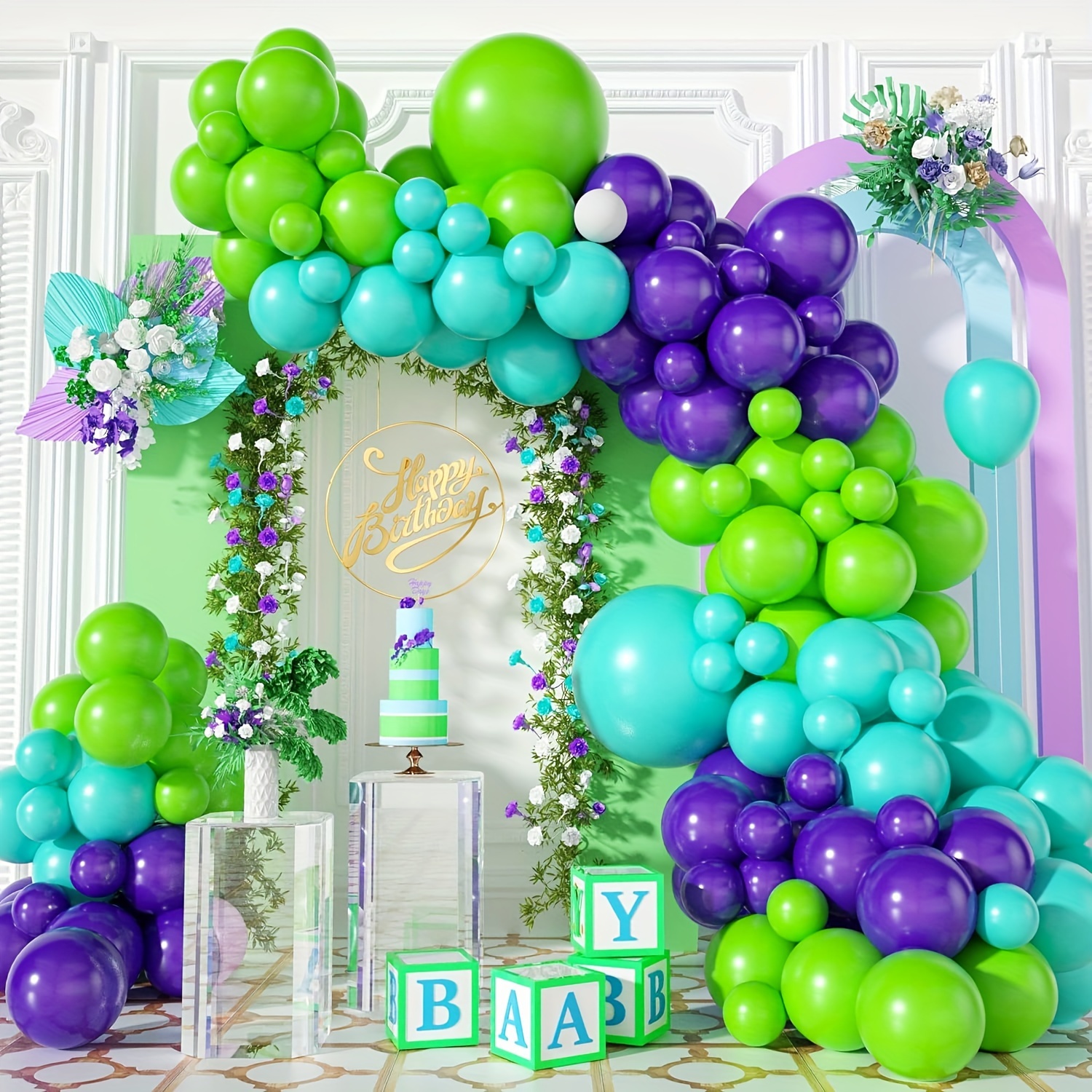 

Green Purple Balloon Arch Garland Kit, 98pcs Lime Green Purple Balloon Arch Kit Teal Blue Balloons, Party Balloon For Boys Girls Birthday Party Baby Shower Wedding Bridal Shower Decorations