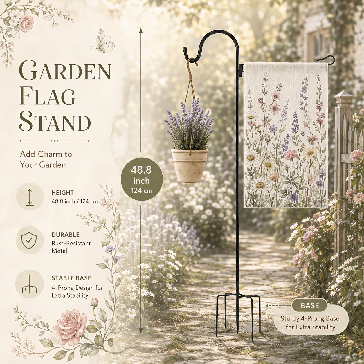 TEMU Support de drapeau de jardin avec jardinière suspendue, porte-drapeau de jardin robuste de 48,8 pouces pour extérieur, base stable à 5 broches