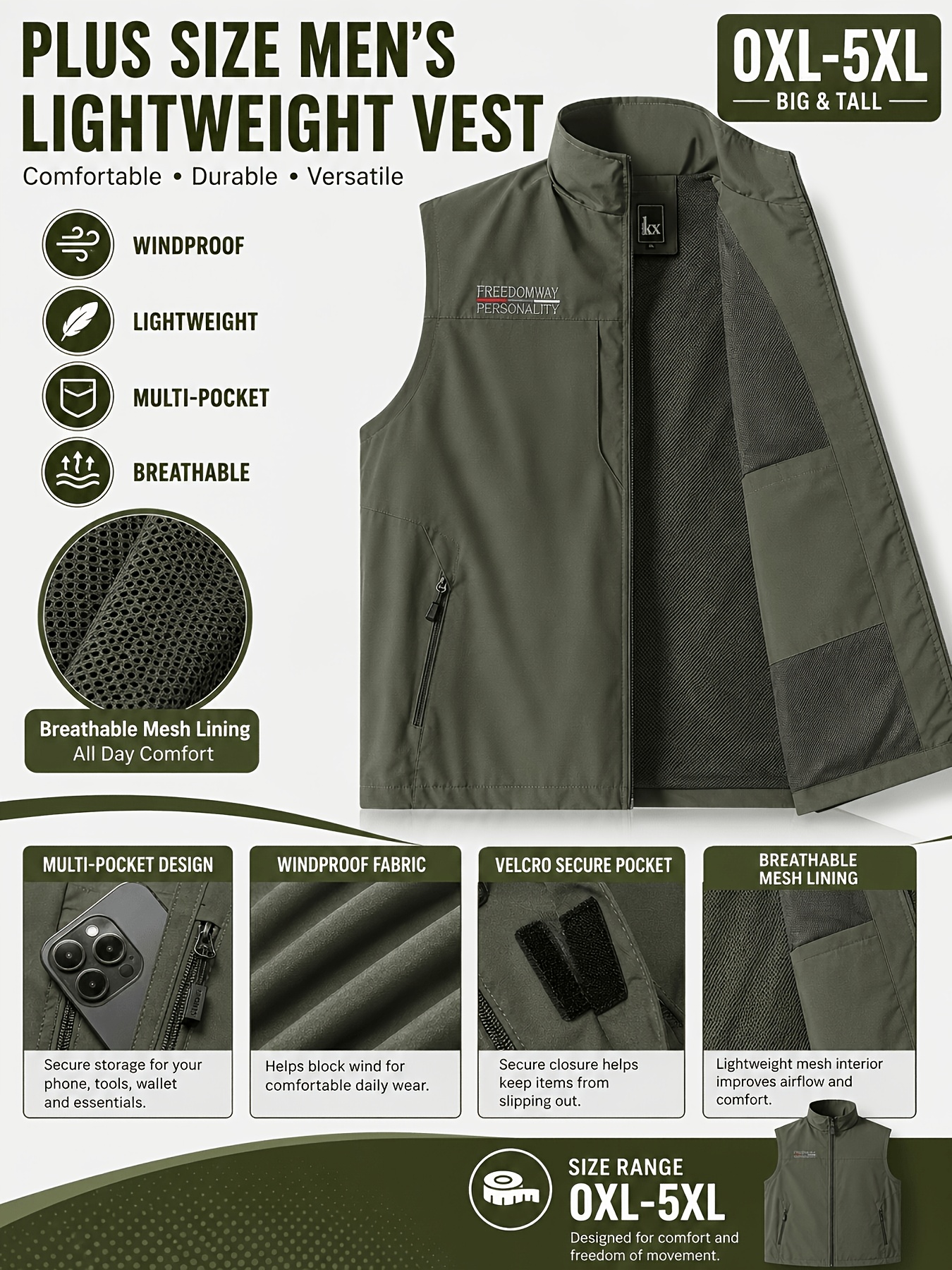 Multi-Pocket Utility Vest – Mesh Lined Zip Front Outdoor Work Wear
