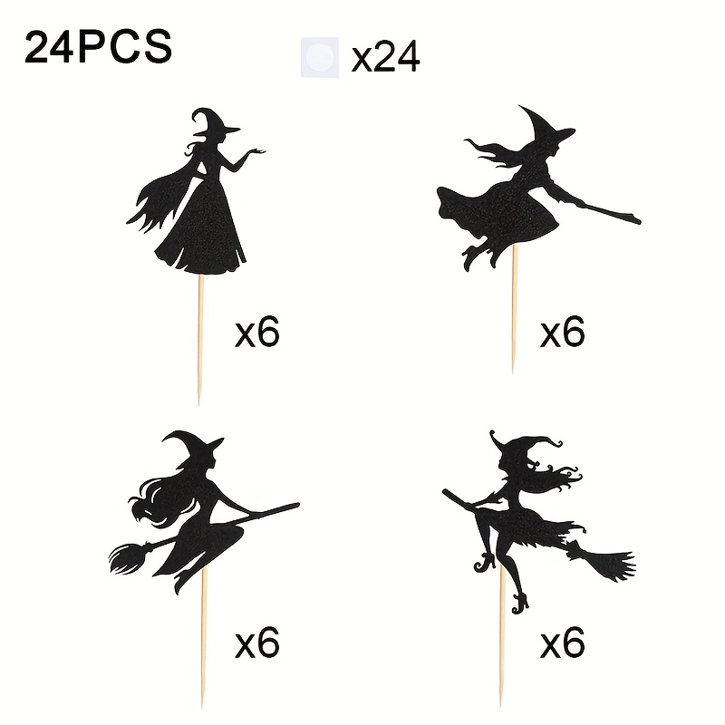 Image of 24-piece Halloween Witch Cupcake Toppers, Bamboo Halloween Cake Picks, Witch Cake Decorations, Happy Halloween Themed Witch Party Cake Decorating Supplies
