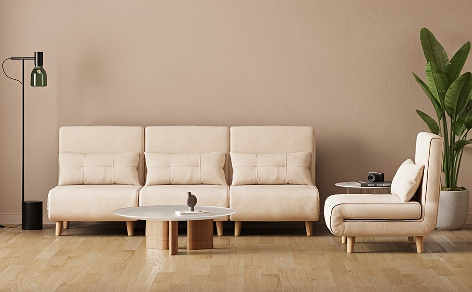 3-in-1 Convertible Sofa Bed Sleeper Chair with Pull-Out Bed, 6-Level Adjustable Backrest & Cushioned Armrests - Space-Saving Modern Furniture for Small Apartments, Dorms, Guest Rooms - Beige Sofa Chair Converts to Bed, Sleeper Sofa Bed
