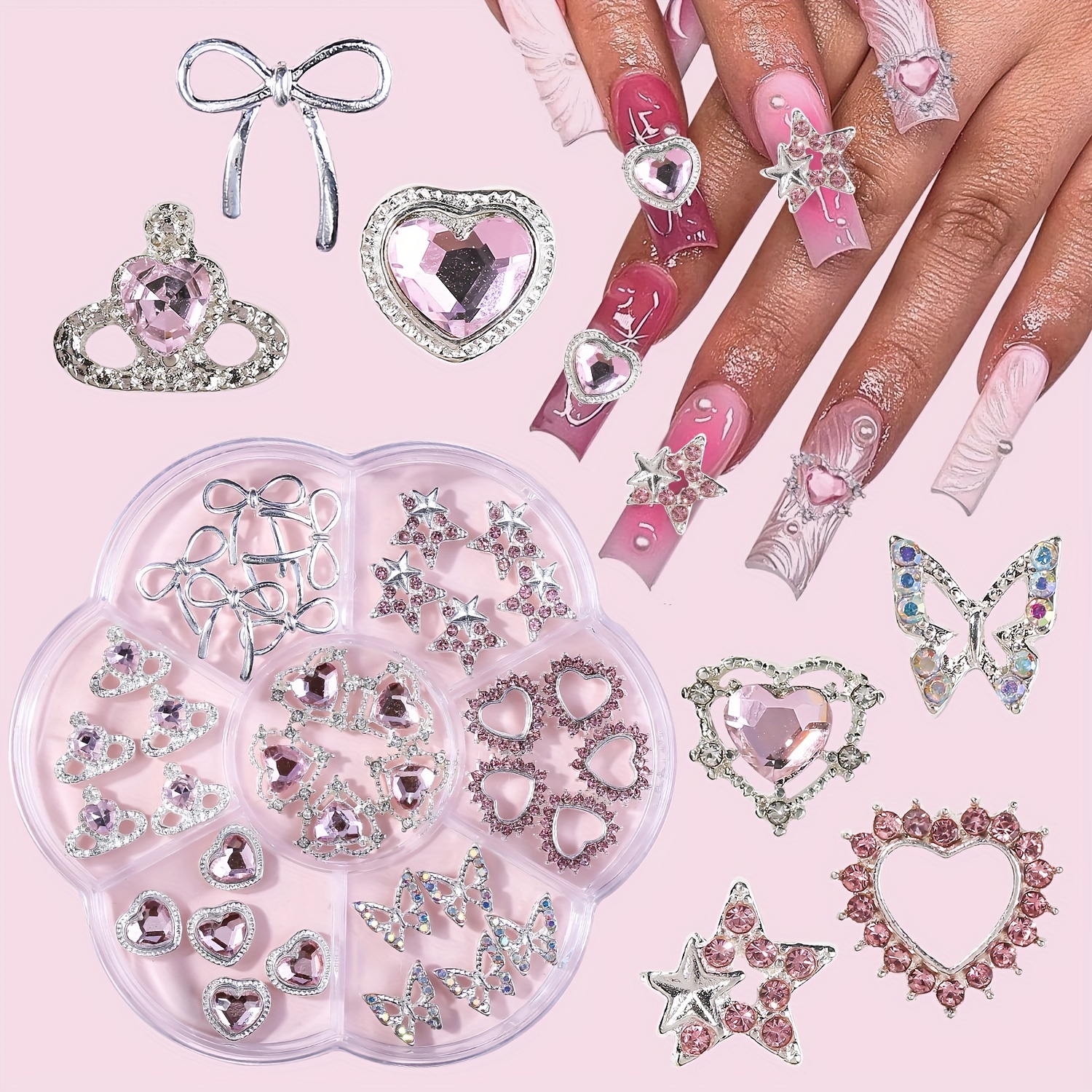 

35pcs Nail Art Decorations Set, Rhinestone Butterfly, Heart, Crown, Bow Designs In Case, Assorted Manicure Charms For Diy Nail Design And Salon Use