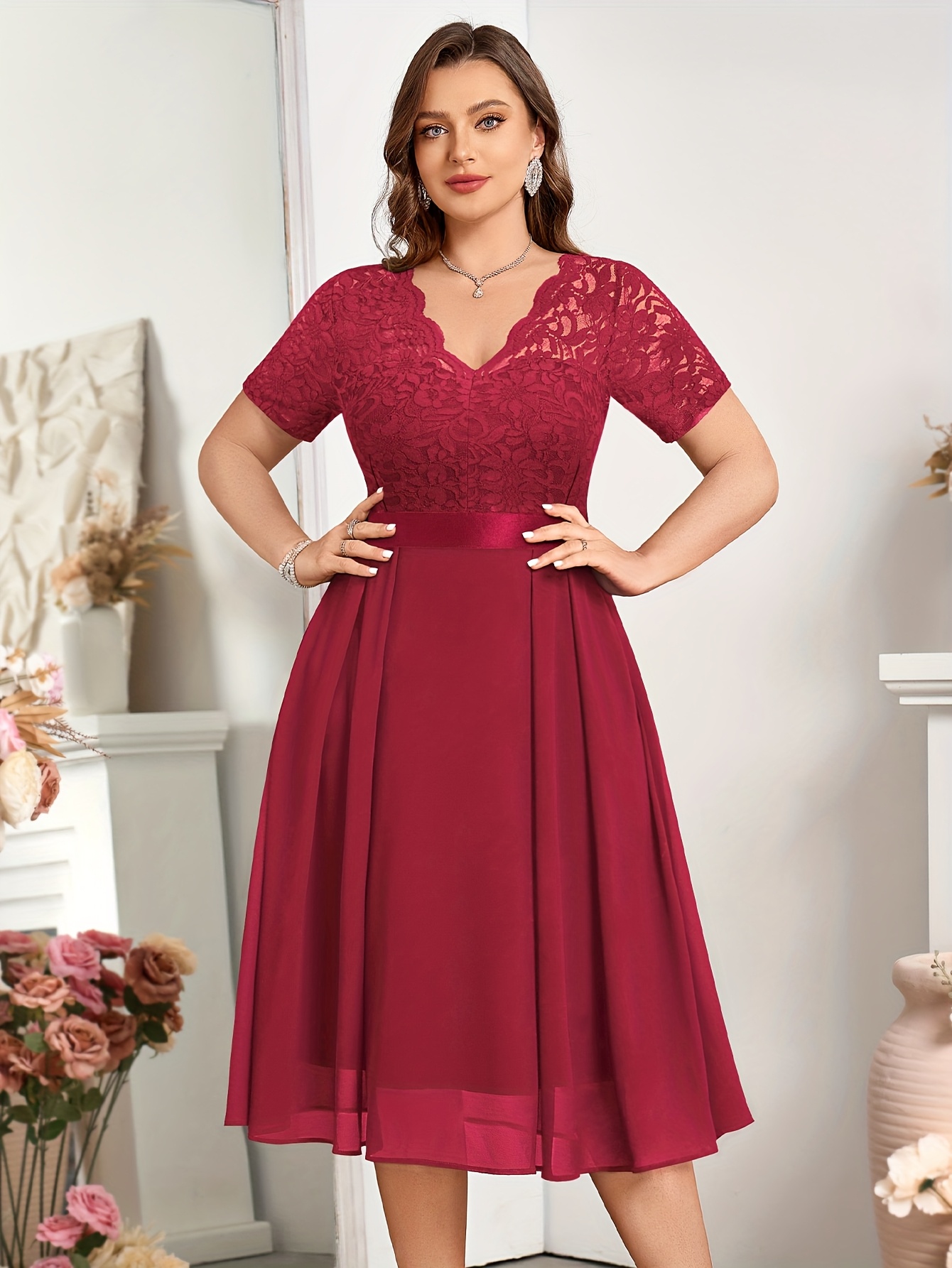 red semi formal dress plus size Ever-Pretty Chiffon V-Neck Beaded Waist A-Line Evening Dress main image 0