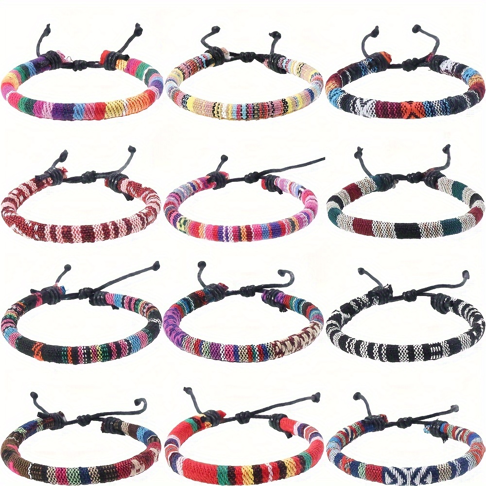 

12pcs/set Bohemian Ethnic Style Handmade Braided Bracelets For Women, Colorful Fabric Simple Wristbands, Adjustable Artistic Friendship Bracelets Set Jewelry For Vacation