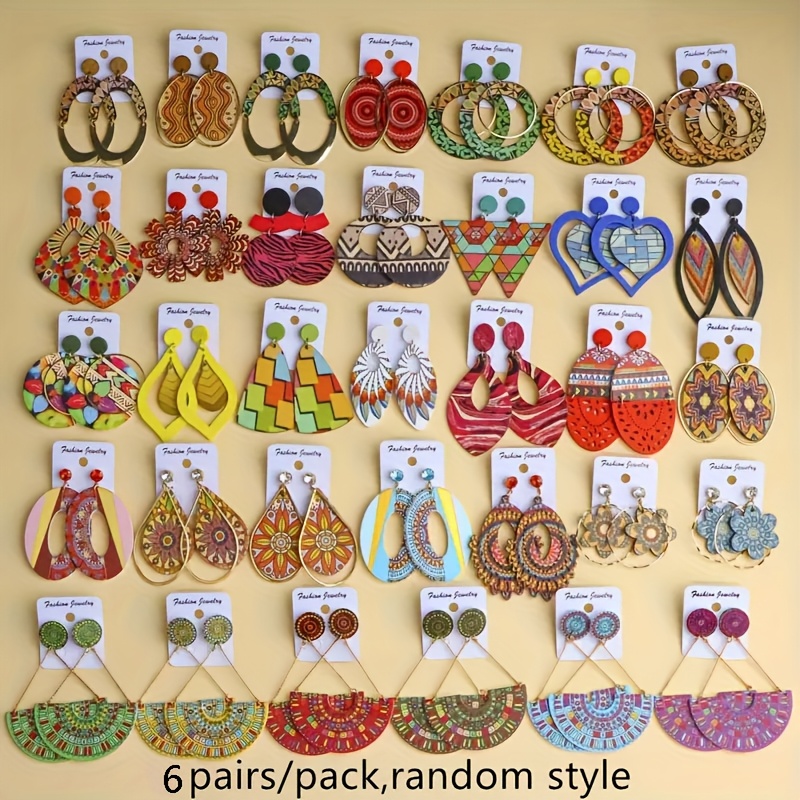 TEMU 6 Paires/Ensemble de Boucles d'Oreilles Vintage Bohèmes en Bois pour Femmes, Élégantes, Géométrique Individuelle, Ensemble Multi-Pièces, Boucles