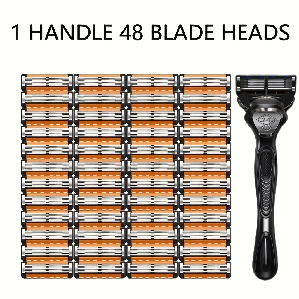 6-layer Blade Black Wolf Manual Shaver And 48pcs Orange Yellow Replacement Units, Safe Material For Smooth Shaving, Men's Facial Care Tool