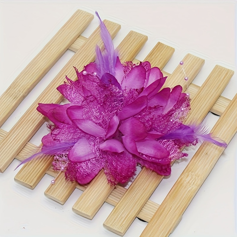 

Elegant Handmade Fabric Flower Hair Clip With Feather & Bead Accents - Versatile Accessory For Women, Dress-up
