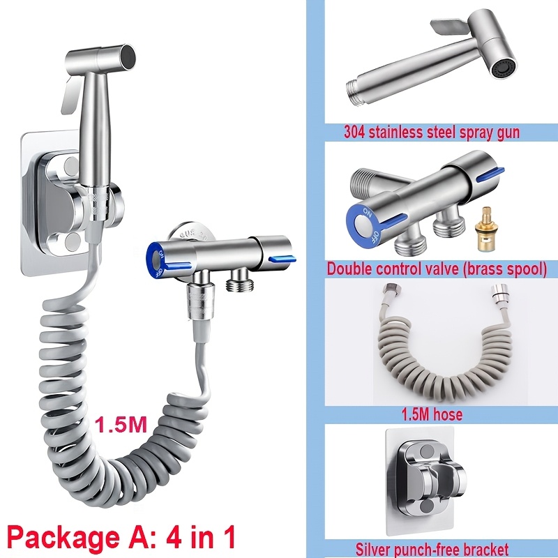 304 Stainless Steel Bidet Sprayer Set, 1.5m Spring Hose With Large Panel Base And Angle Valve For Toilet