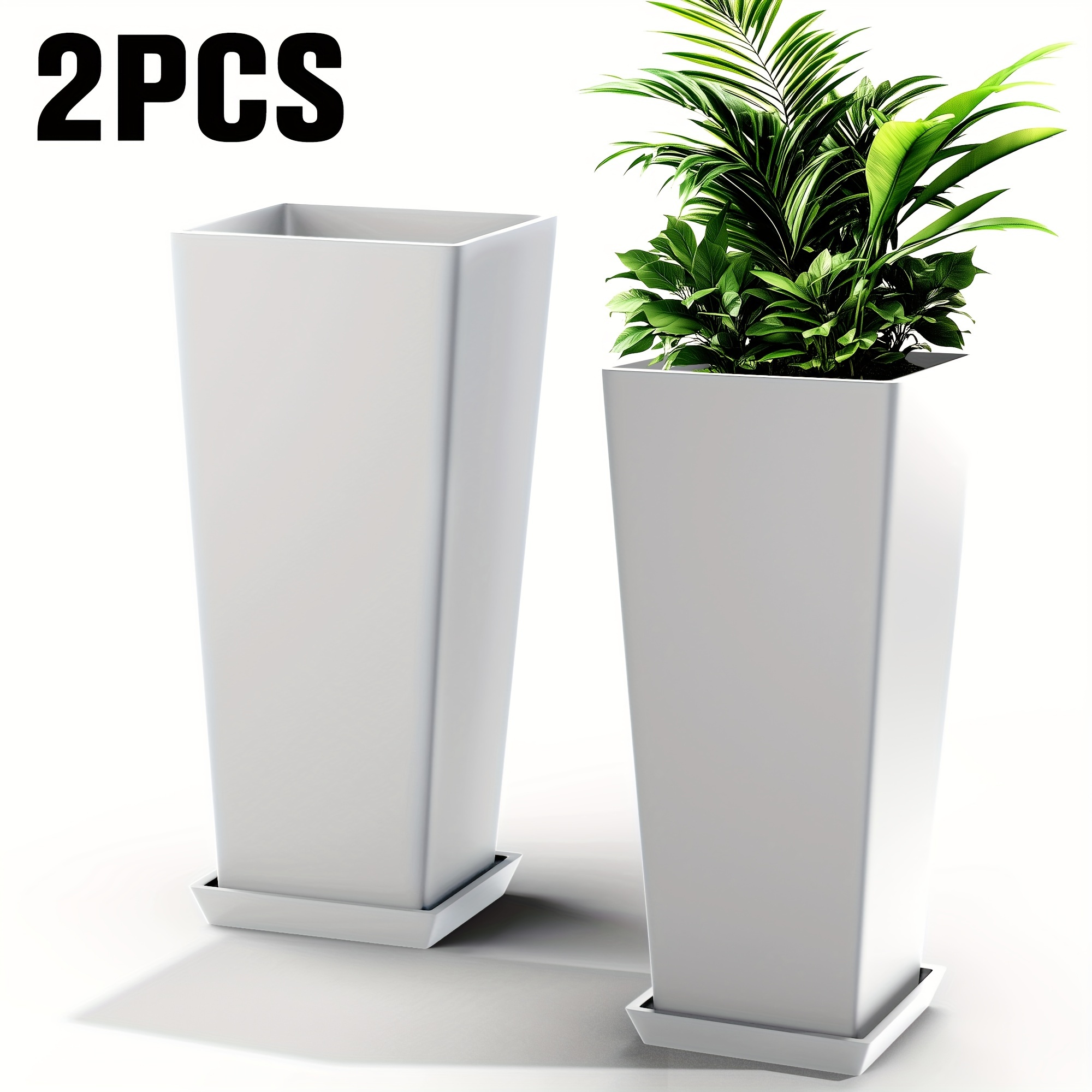 

24 Inch Outdoor Planter Tall Planters For Outdoor Plants Set Of 2 Tapered Square Large Flower Pots With Trays And Drainage Hole, Outdoor Planters For Patio Indoor Porch Garden, White